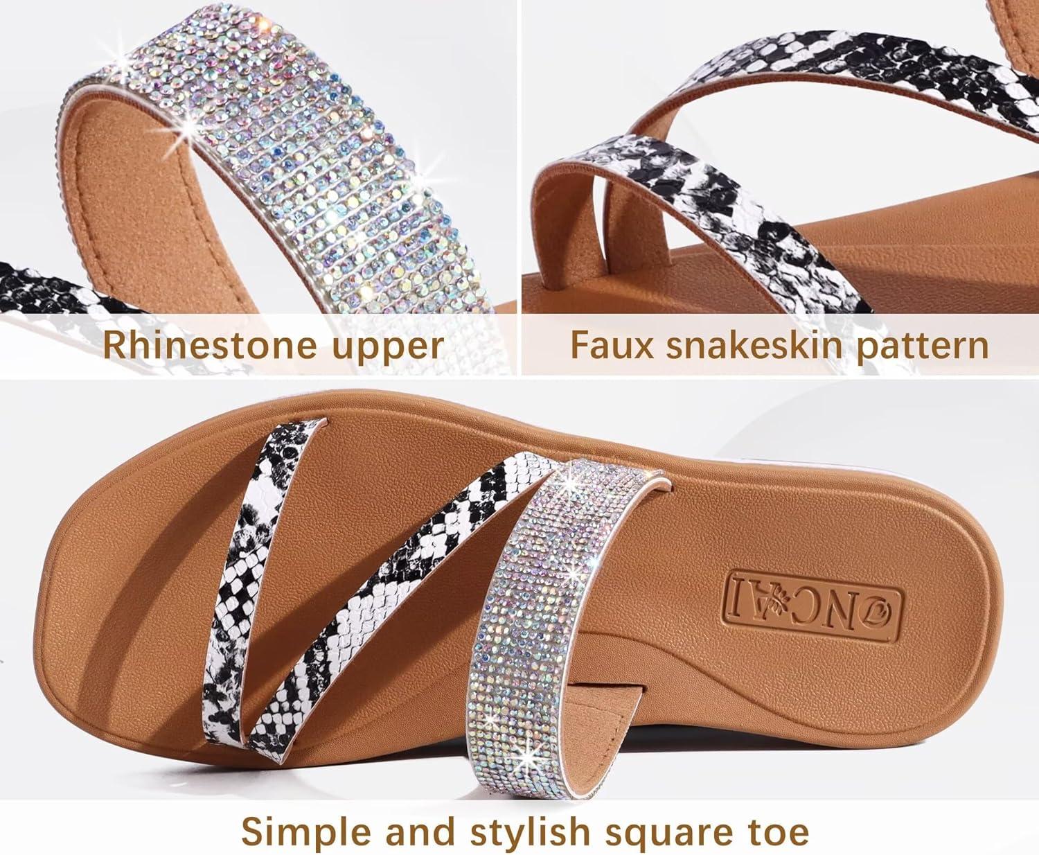 image:imageONCAI Womens Flat Sandals Summer Dressy Casual Fashion Rhinestone Slip On Ladies Slides Comfortable Cushion Arch Support Plantar Fasciitis Beach For Woman 2025 WhiteKhaki Size 6
