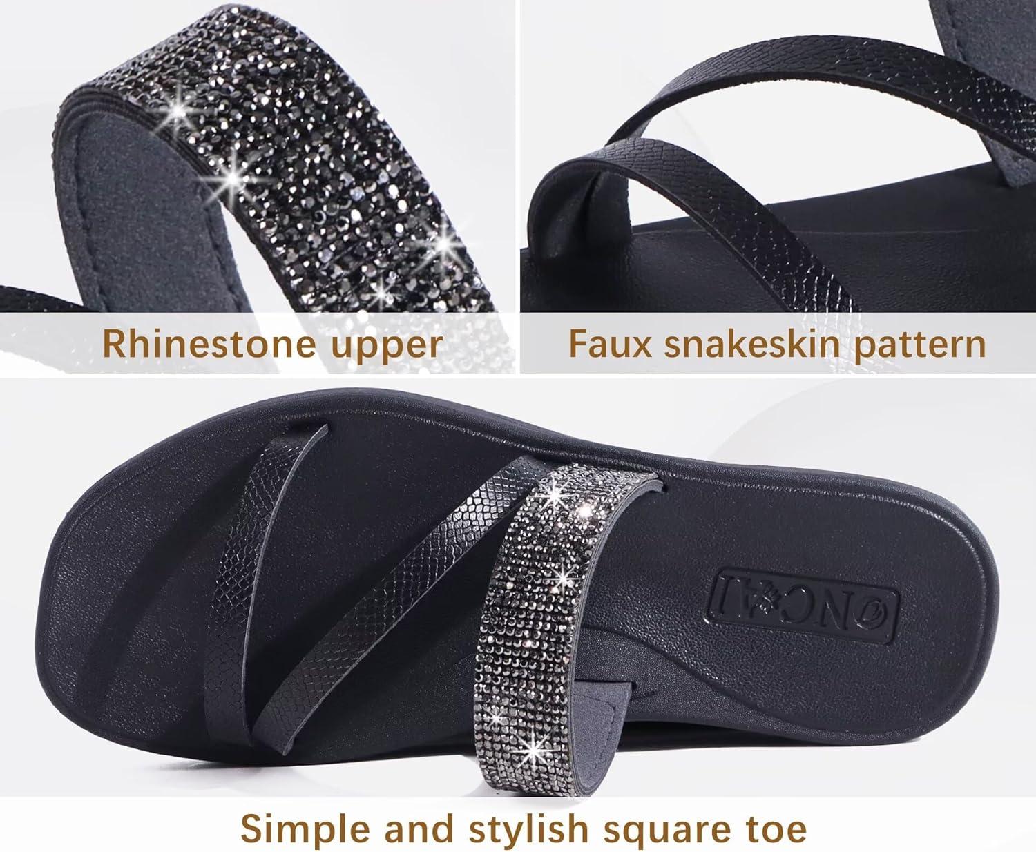 image:imageONCAI Womens Flat Sandals Summer Dressy Casual Fashion Rhinestone Slip On Ladies Slides Comfortable Cushion Arch Support Plantar Fasciitis Beach For Woman 2025 Black Size 10