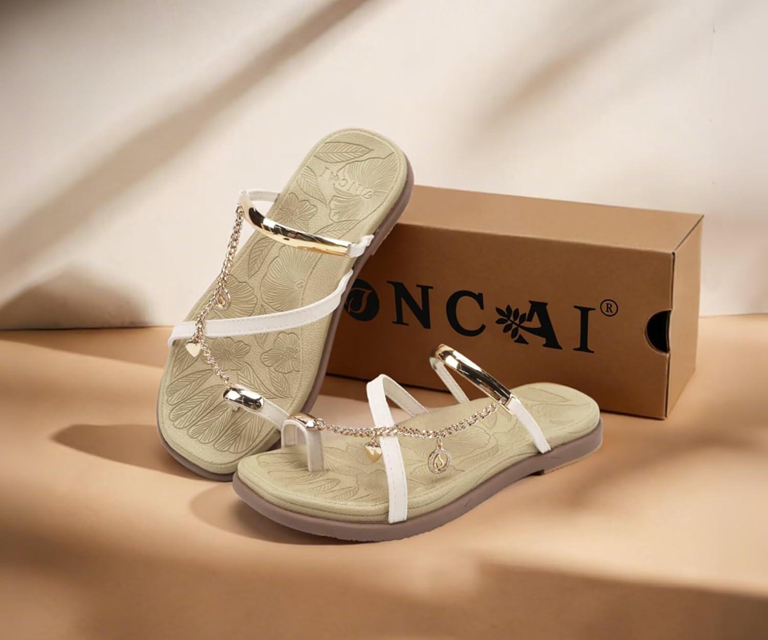 image:imageONCAI Womens Flat Slides Sandals Toe loop Strappy Square Open Toe Fashion Essentials Sandal for Woman Summer Vacation Walking Casual Comfortable Outdoor Ladies Slide Shoes US Size 611BeigeBrown