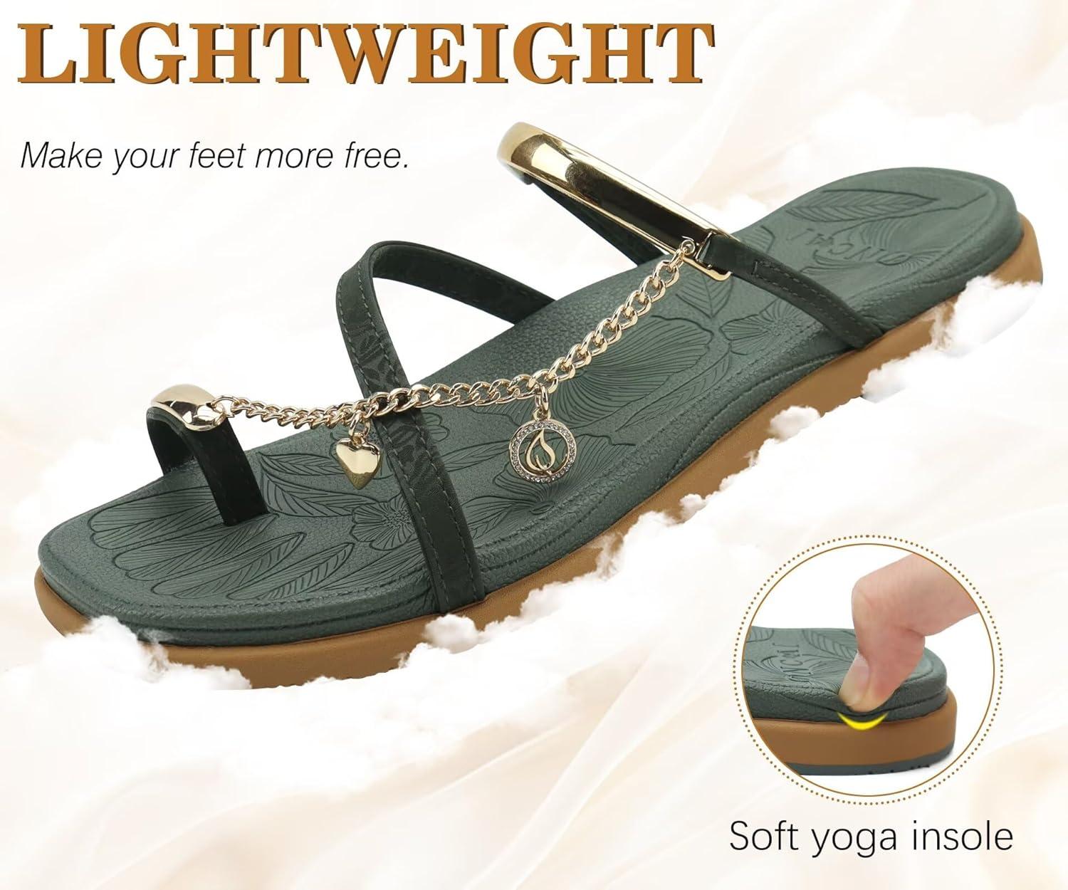 image:imageONCAI Womens Flat Slides Sandals Toe loop Strappy Square Open Toe Fashion Essentials Sandal for Woman Summer Vacation Walking Casual Comfortable Outdoor Ladies Slide Shoes US Size 611GreenKhaki