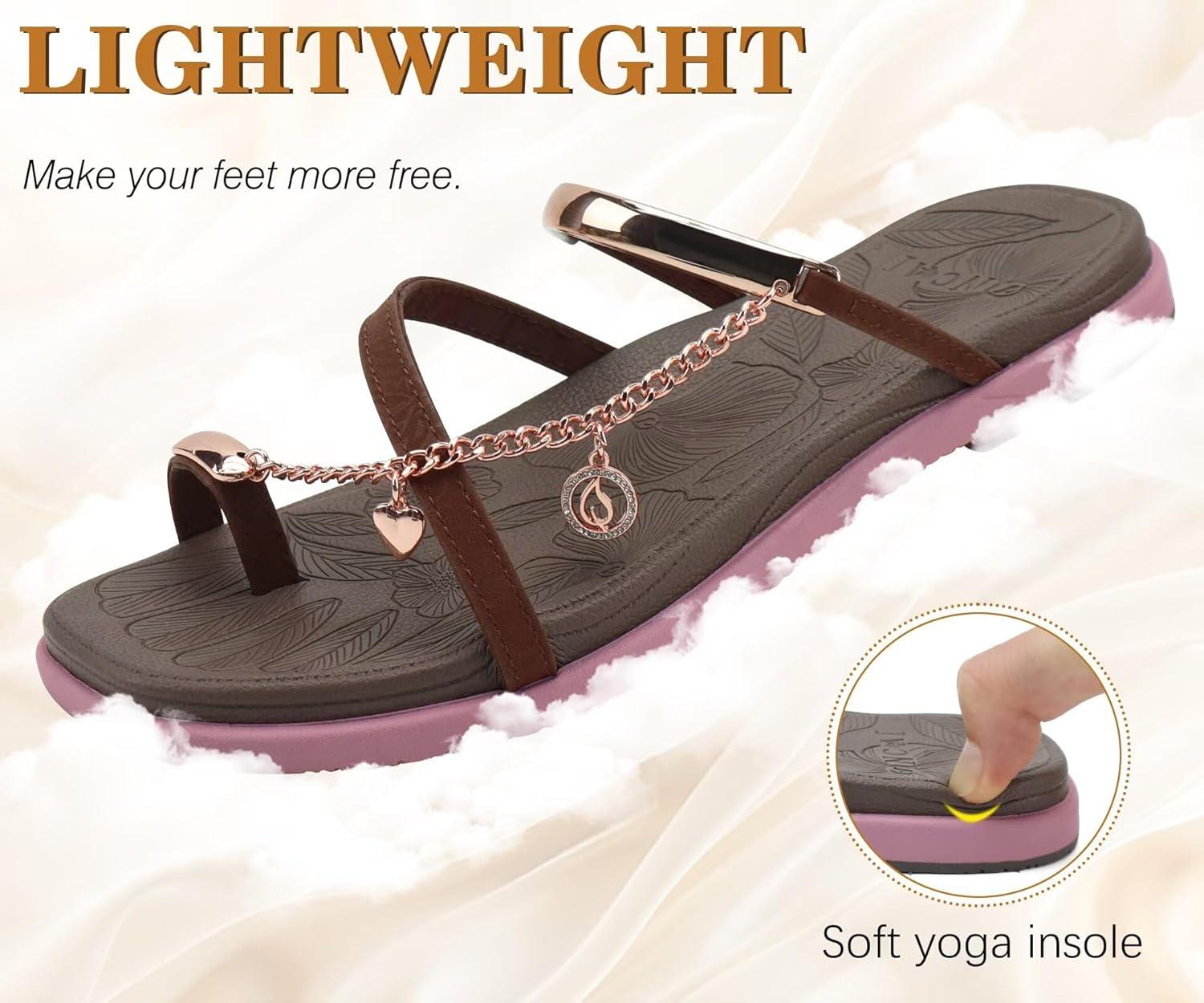 image:imageONCAI Womens Flat Slides Sandals Toe loop Strappy Square Open Toe Fashion Essentials Sandal for Woman Summer Vacation Walking Casual Comfortable Outdoor Ladies Slide Shoes US Size 611BrownPink