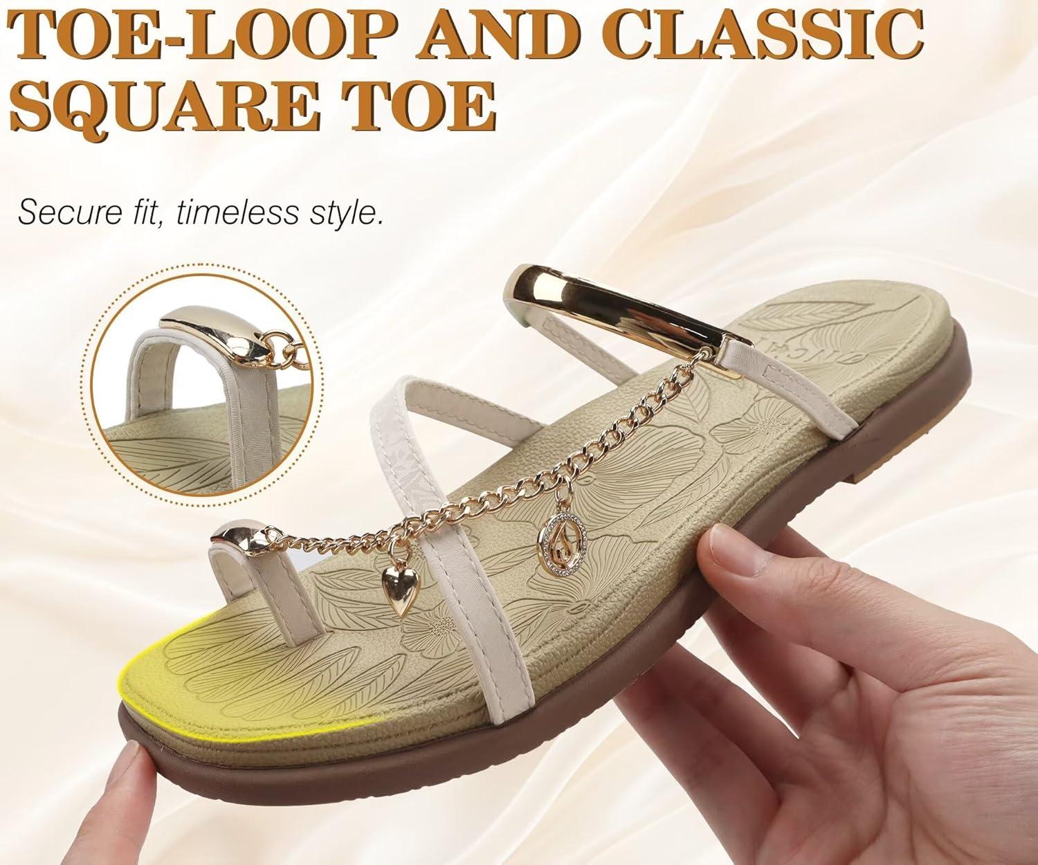 image:imageONCAI Womens Flat Slides Sandals Toe loop Strappy Square Open Toe Fashion Essentials Sandal for Woman Summer Vacation Walking Casual Comfortable Outdoor Ladies Slide Shoes US Size 611BeigeBrown