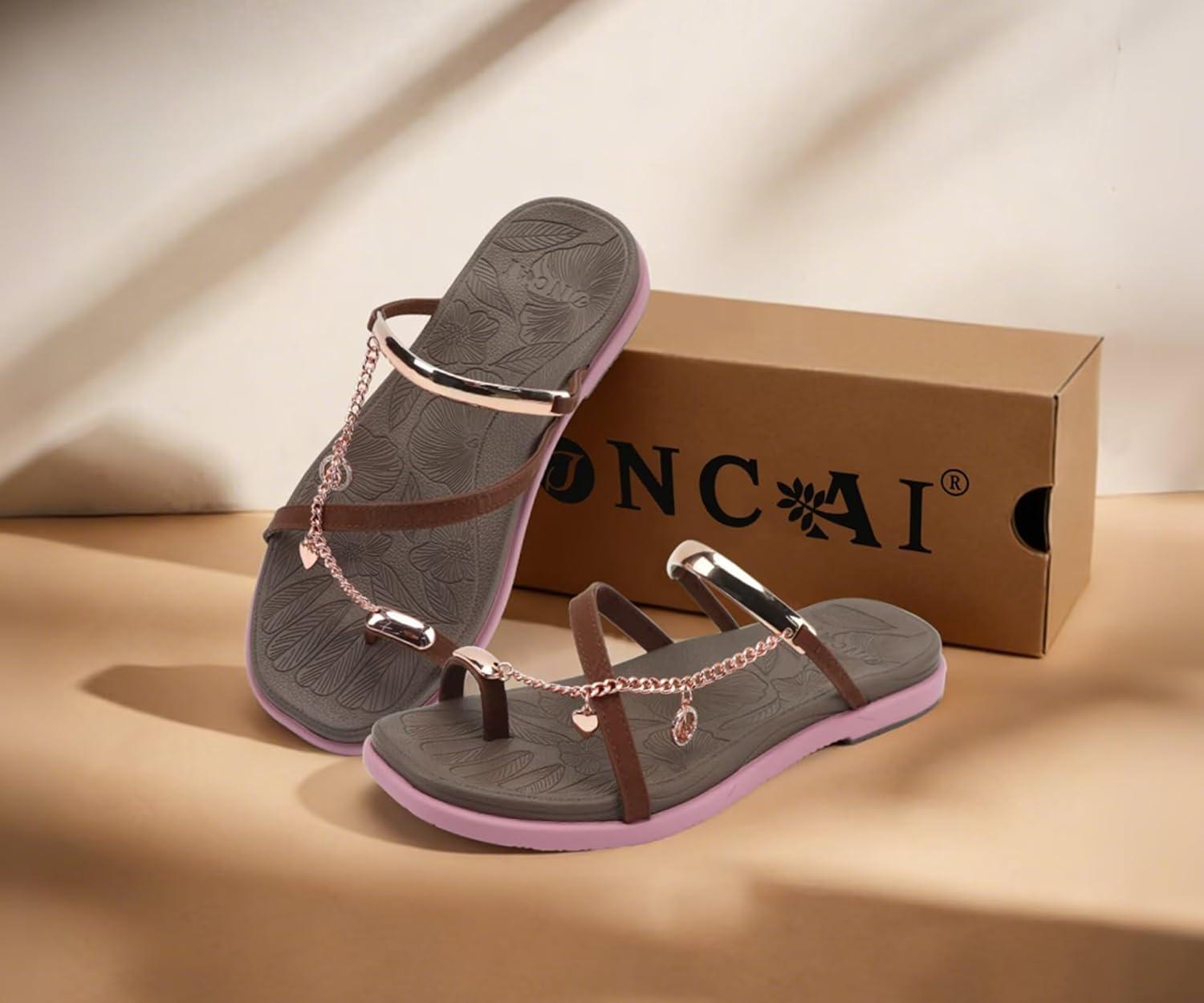 image:imageONCAI Womens Flat Slides Sandals Toe loop Strappy Square Open Toe Fashion Essentials Sandal for Woman Summer Vacation Walking Casual Comfortable Outdoor Ladies Slide Shoes US Size 611BrownPink