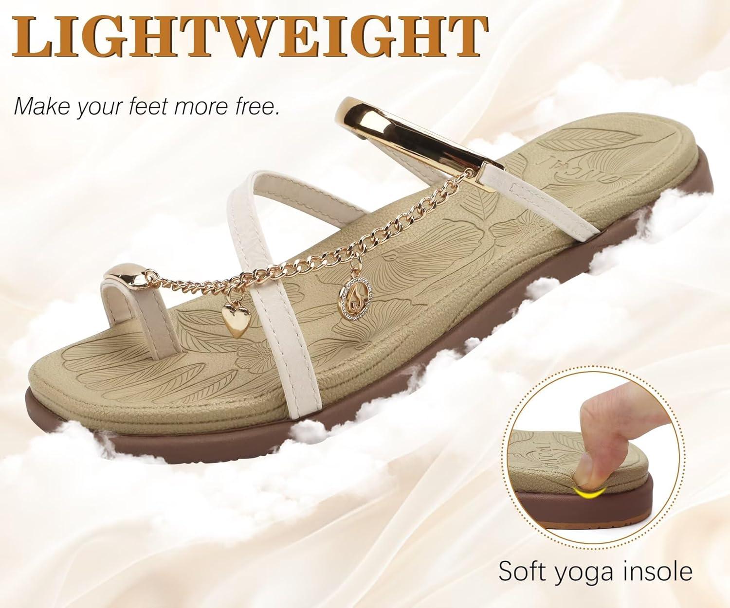 image:imageONCAI Womens Flat Slides Sandals Toe loop Strappy Square Open Toe Fashion Essentials Sandal for Woman Summer Vacation Walking Casual Comfortable Outdoor Ladies Slide Shoes US Size 611BeigeBrown