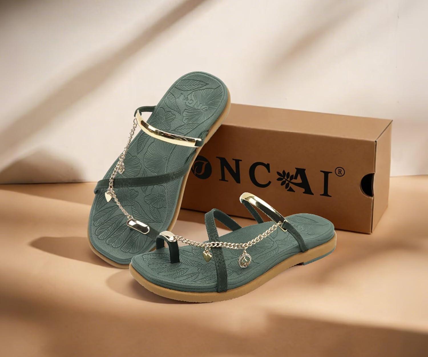 image:imageONCAI Womens Flat Slides Sandals Toe loop Strappy Square Open Toe Fashion Essentials Sandal for Woman Summer Vacation Walking Casual Comfortable Outdoor Ladies Slide Shoes US Size 611GreenKhaki