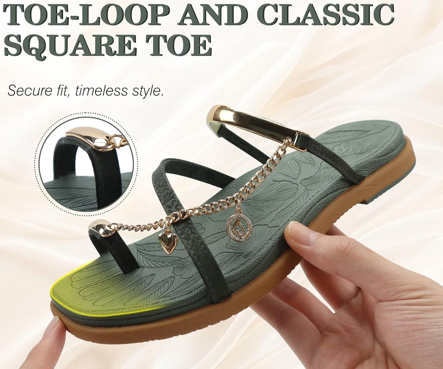 image:imageONCAI Womens Flat Slides Sandals Toe loop Strappy Square Open Toe Fashion Essentials Sandal for Woman Summer Vacation Walking Casual Comfortable Outdoor Ladies Slide Shoes US Size 611GreenKhaki