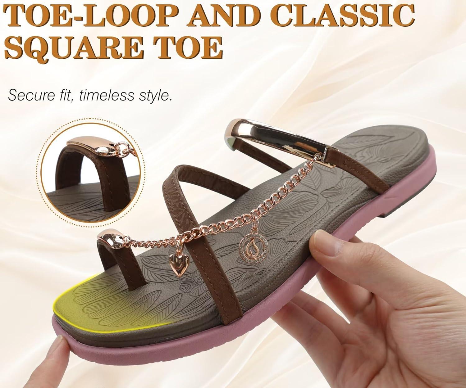 image:imageONCAI Womens Flat Slides Sandals Toe loop Strappy Square Open Toe Fashion Essentials Sandal for Woman Summer Vacation Walking Casual Comfortable Outdoor Ladies Slide Shoes US Size 611BrownPink