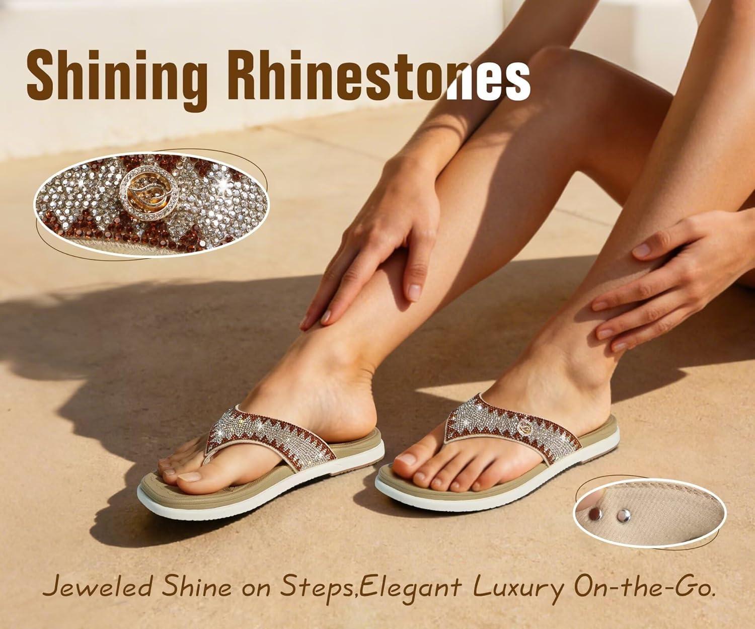 image:imageONCAI Womens Flat Studded Flip Flops with Rhinestone Sparkling Summer Beach Pool Walking Sandals with Outdoor Rubber Sole US Size 612BeigeWhite Sparkling