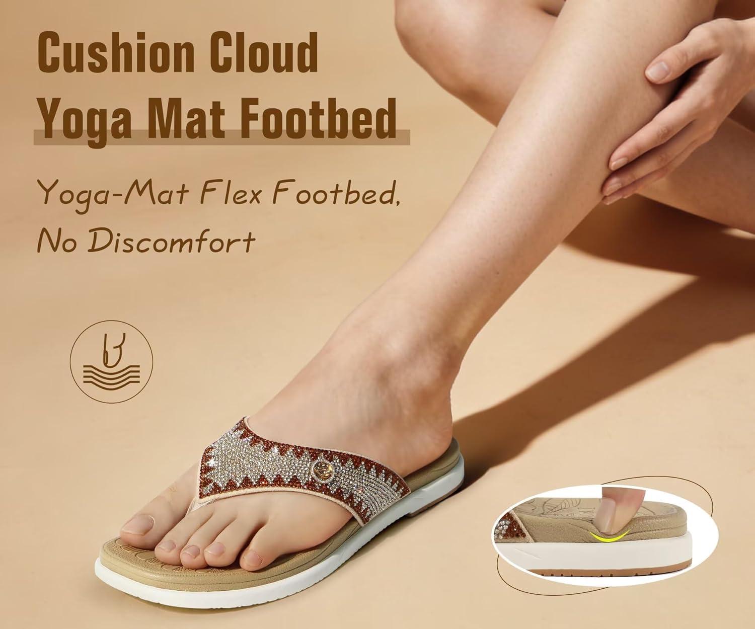 image:imageONCAI Womens Flat Studded Flip Flops with Rhinestone Sparkling Summer Beach Pool Walking Sandals with Outdoor Rubber Sole US Size 612BeigeWhite Sparkling