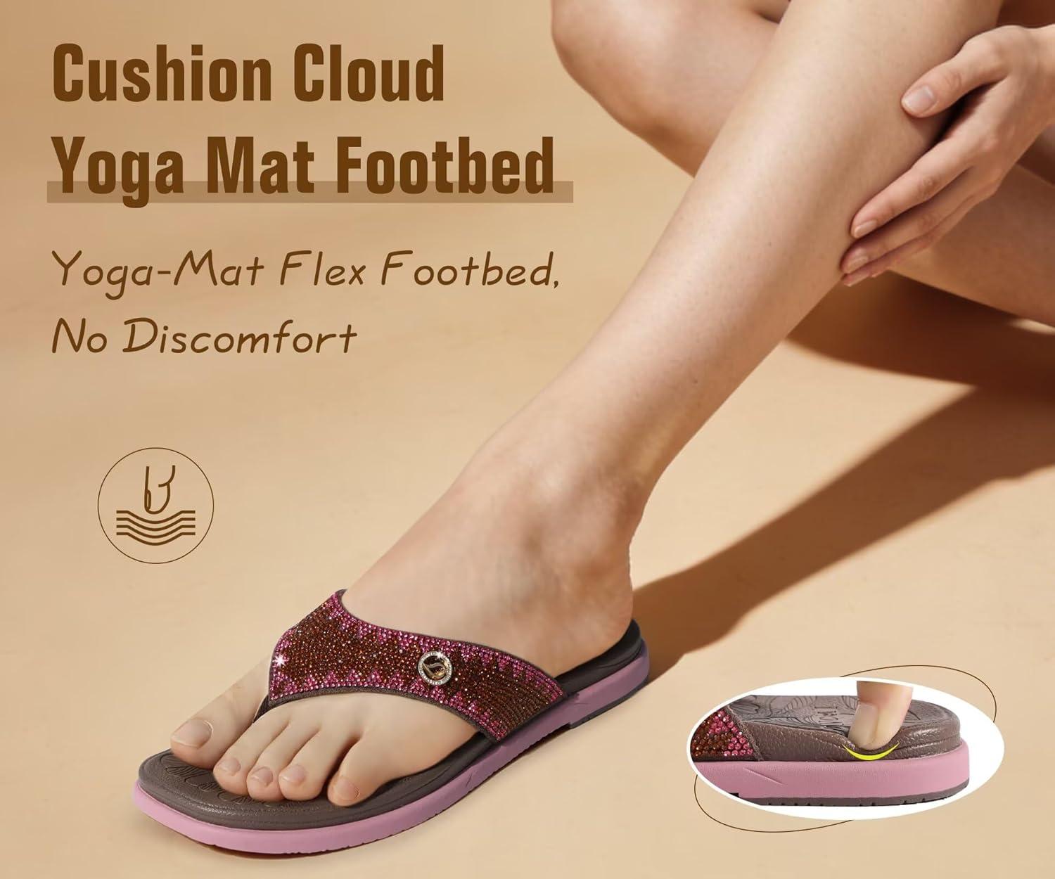 image:imageONCAI Womens Flat Studded Flip Flops with Rhinestone Sparkling Summer Beach Pool Walking Sandals with Outdoor Rubber Sole US Size 612BrownPink Sparkling