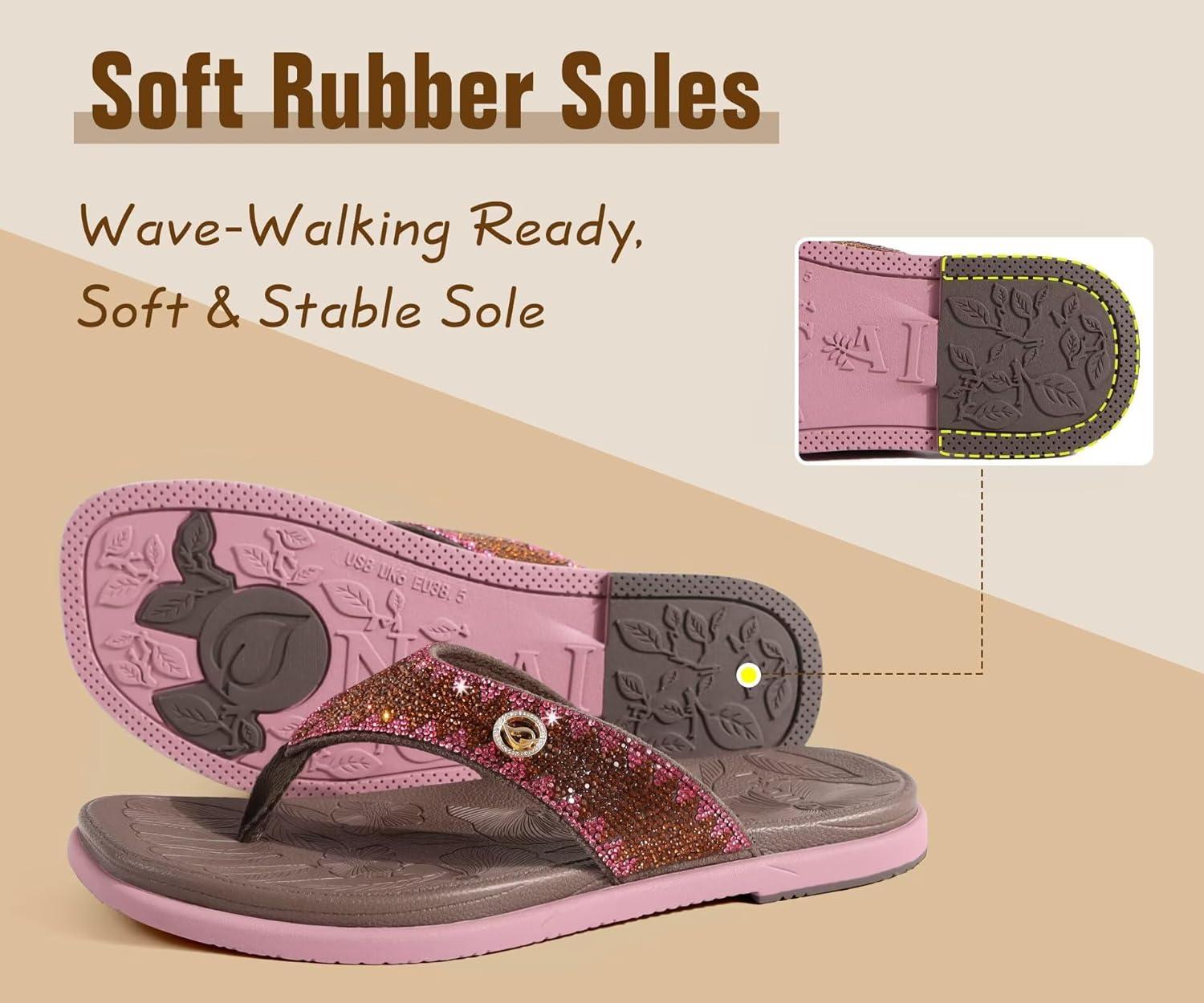 image:imageONCAI Womens Flat Studded Flip Flops with Rhinestone Sparkling Summer Beach Pool Walking Sandals with Outdoor Rubber Sole US Size 612BrownPink Sparkling