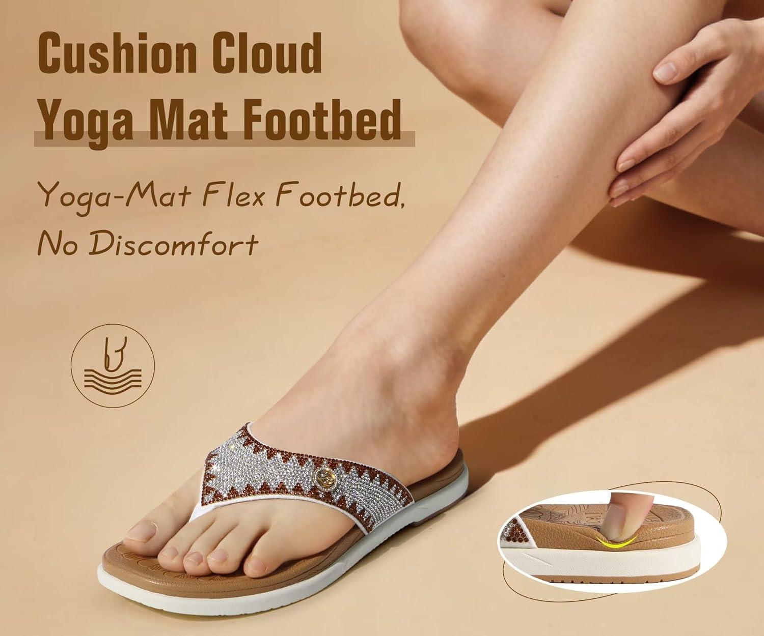 image:imageONCAI Womens Flat Studded Flip Flops with Rhinestone Sparkling Summer Beach Pool Walking Sandals with Outdoor Rubber Sole US Size 612WhiteKhaki Sparkling