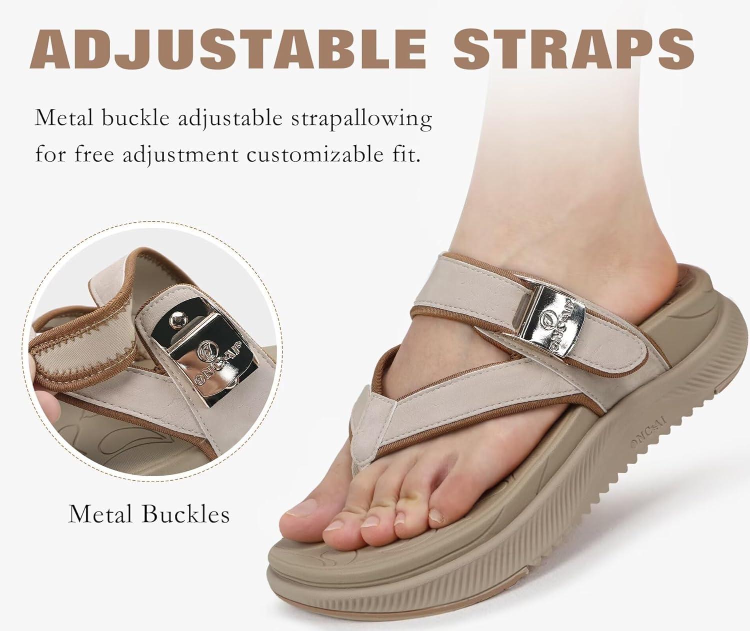 image:imageONCAI Womens Orthopedic Platform Flip Flops with Arch Support Summer Beach Dressy Trendy Walking Sandals and Thick Outdoor Rubber SolesBeige