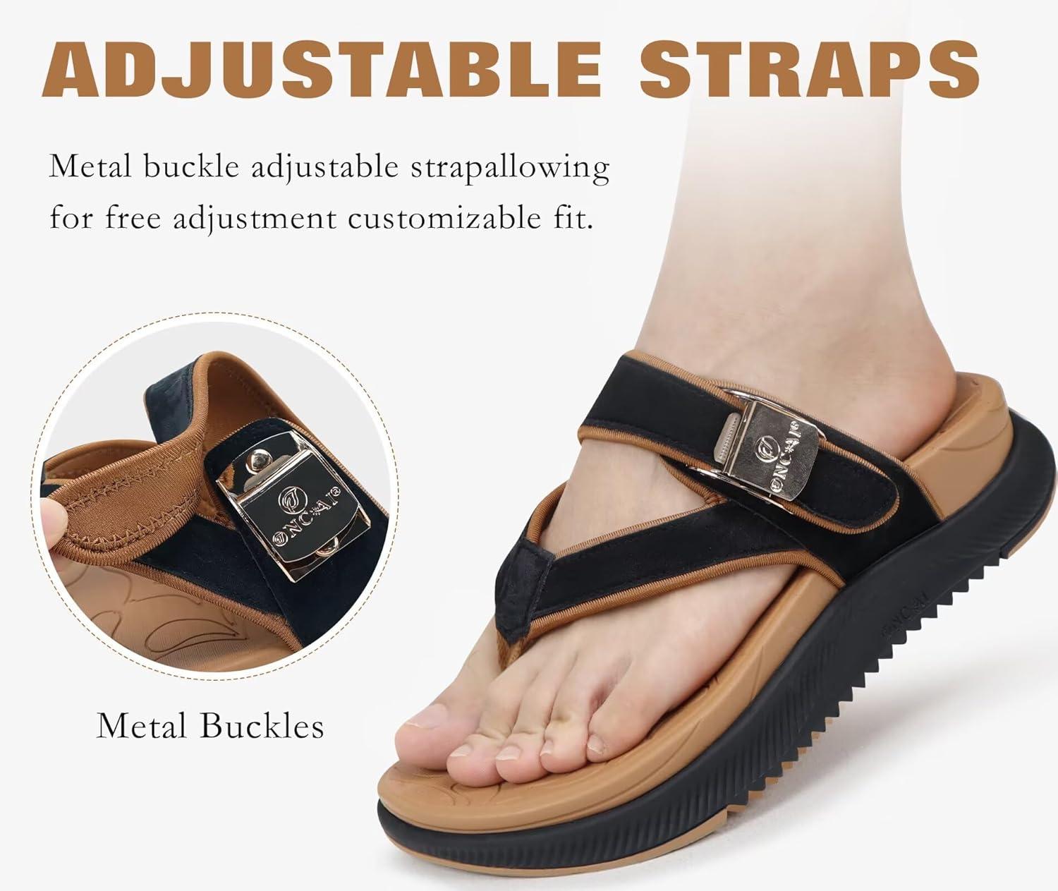 image:imageONCAI Womens Orthopedic Platform Flip Flops with Arch Support Summer Beach Dressy Trendy Walking Sandals and Thick Outdoor Rubber SolesBlackKhaki