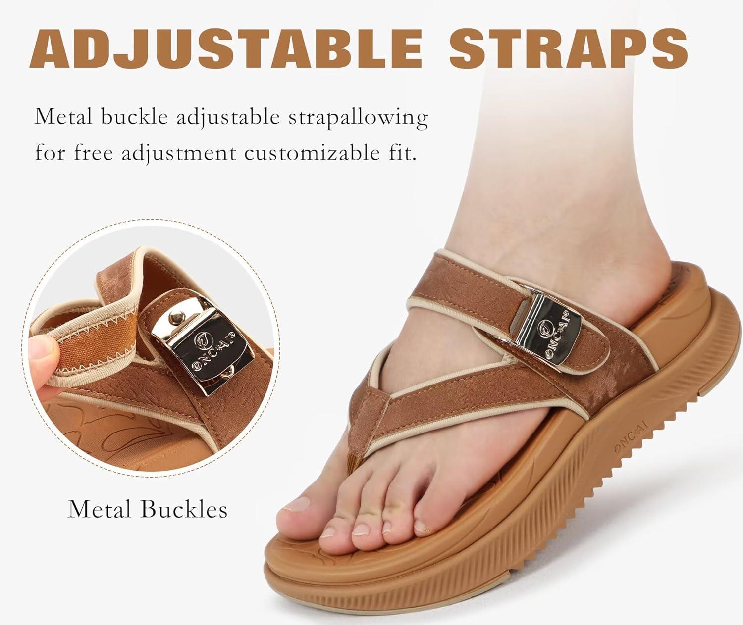 image:imageONCAI Womens Orthopedic Platform Flip Flops with Arch Support Summer Beach Dressy Trendy Walking Sandals and Thick Outdoor Rubber SolesKhaki