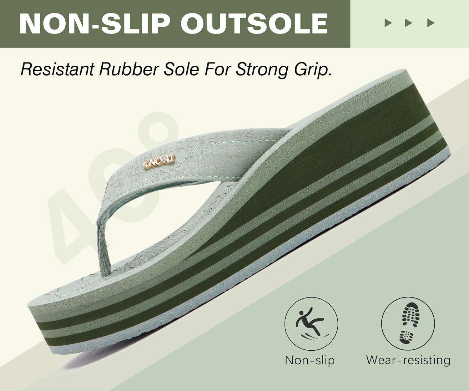image:imageONCAI Womens Platform Wedge Flip Flops Trendy Dressy Womans Summer Flatform Sandals with Comfortable Walking Outdoor Rubber Soles US Size 511Greenregular Size