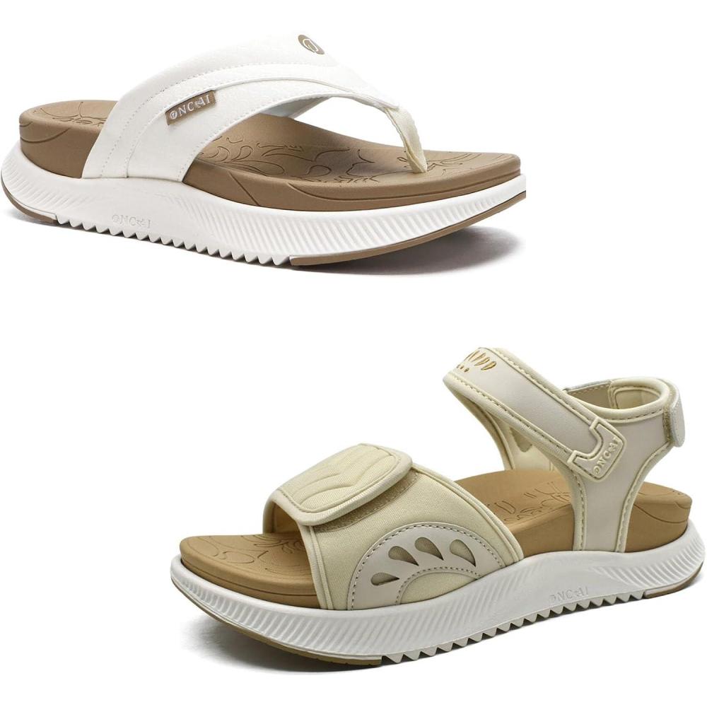 image:imageONCAI Set of 2 Pairs US Size 8 Womens Orthotic Cushion Flip Flops Recovery Walking Sandals BeigeWhite Walking Sandals WomenArch Support Hiking Sandals BeigeWhite