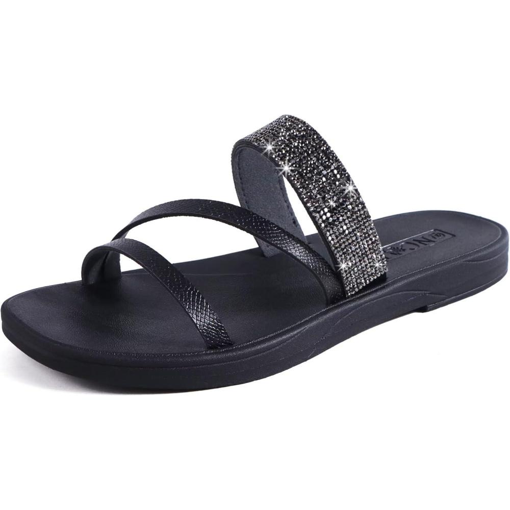 image:imageONCAI Womens Flat Sandals Summer Dressy Casual Fashion Rhinestone Slip On Ladies Slides Comfortable Cushion Arch Support Plantar Fasciitis Beach For Woman 2025 Black Size 10