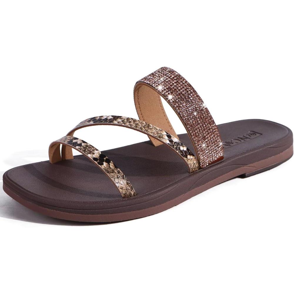 image:imageONCAI Womens Flat Sandals Summer Dressy Casual Fashion Rhinestone Slip On Ladies Slides Comfortable Cushion Arch Support Plantar Fasciitis Beach For Woman 2025 Brown Size 75