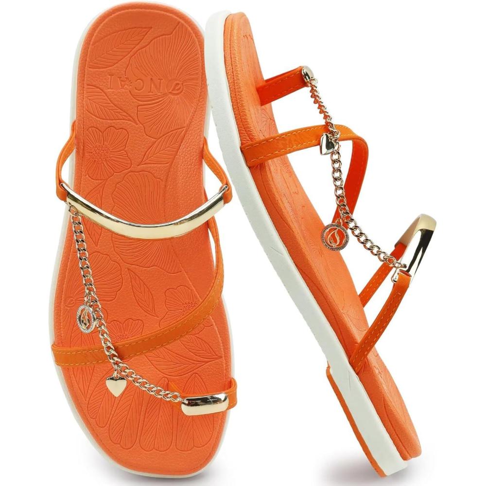 image:imageONCAI Womens Flat Slides Sandals Toe loop Strappy Square Open Toe Fashion Essentials Sandal for Woman Summer Vacation Walking Casual Comfortable Outdoor Ladies Slide Shoes US Size 611OrangeWhite