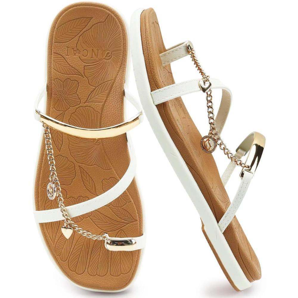 image:imageONCAI Womens Flat Slides Sandals Toe loop Strappy Square Open Toe Fashion Essentials Sandal for Woman Summer Vacation Walking Casual Comfortable Outdoor Ladies Slide Shoes US Size 611WhiteKhaki