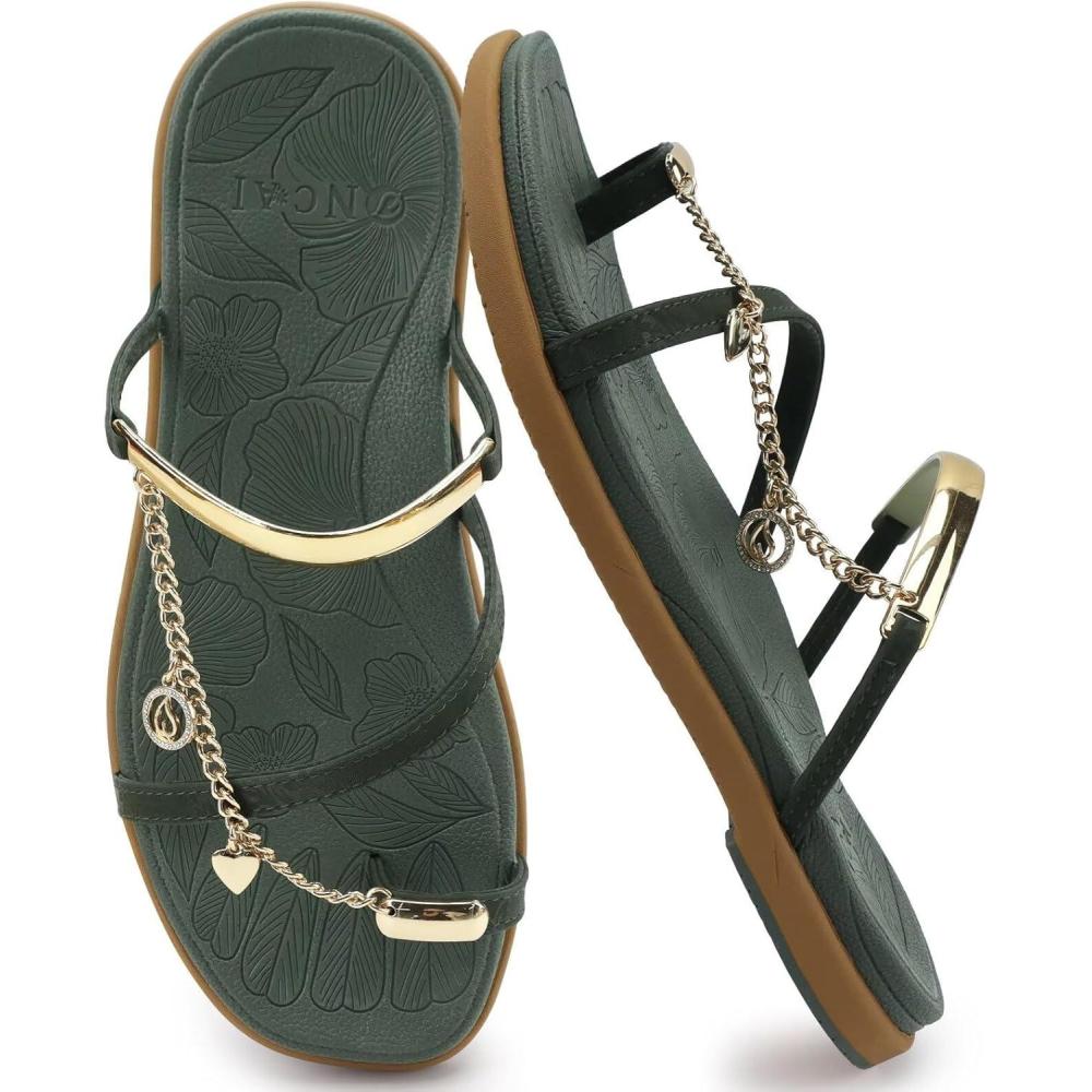 image:imageONCAI Womens Flat Slides Sandals Toe loop Strappy Square Open Toe Fashion Essentials Sandal for Woman Summer Vacation Walking Casual Comfortable Outdoor Ladies Slide Shoes US Size 611GreenKhaki