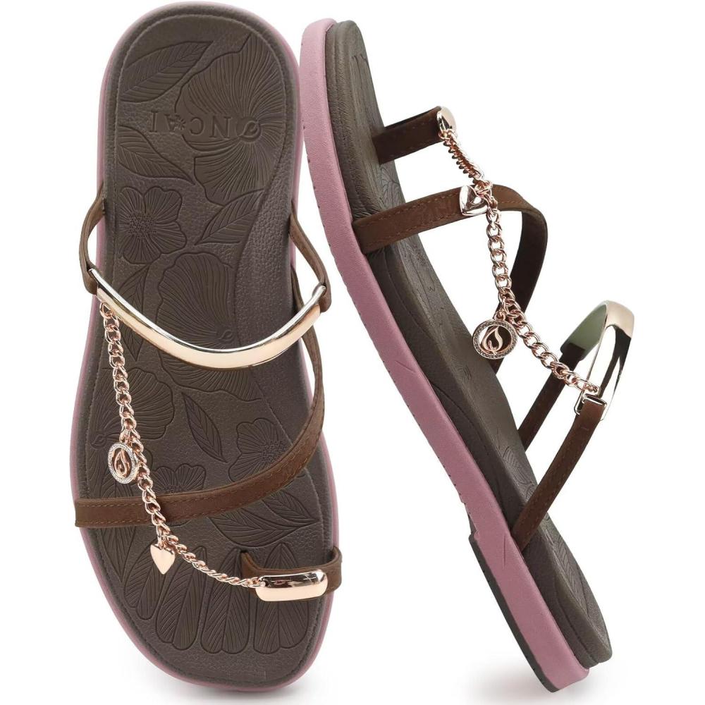 image:imageONCAI Womens Flat Slides Sandals Toe loop Strappy Square Open Toe Fashion Essentials Sandal for Woman Summer Vacation Walking Casual Comfortable Outdoor Ladies Slide Shoes US Size 611BrownPink