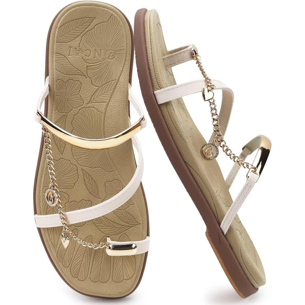 image:imageONCAI Womens Flat Slides Sandals Toe loop Strappy Square Open Toe Fashion Essentials Sandal for Woman Summer Vacation Walking Casual Comfortable Outdoor Ladies Slide Shoes US Size 611BeigeBrown