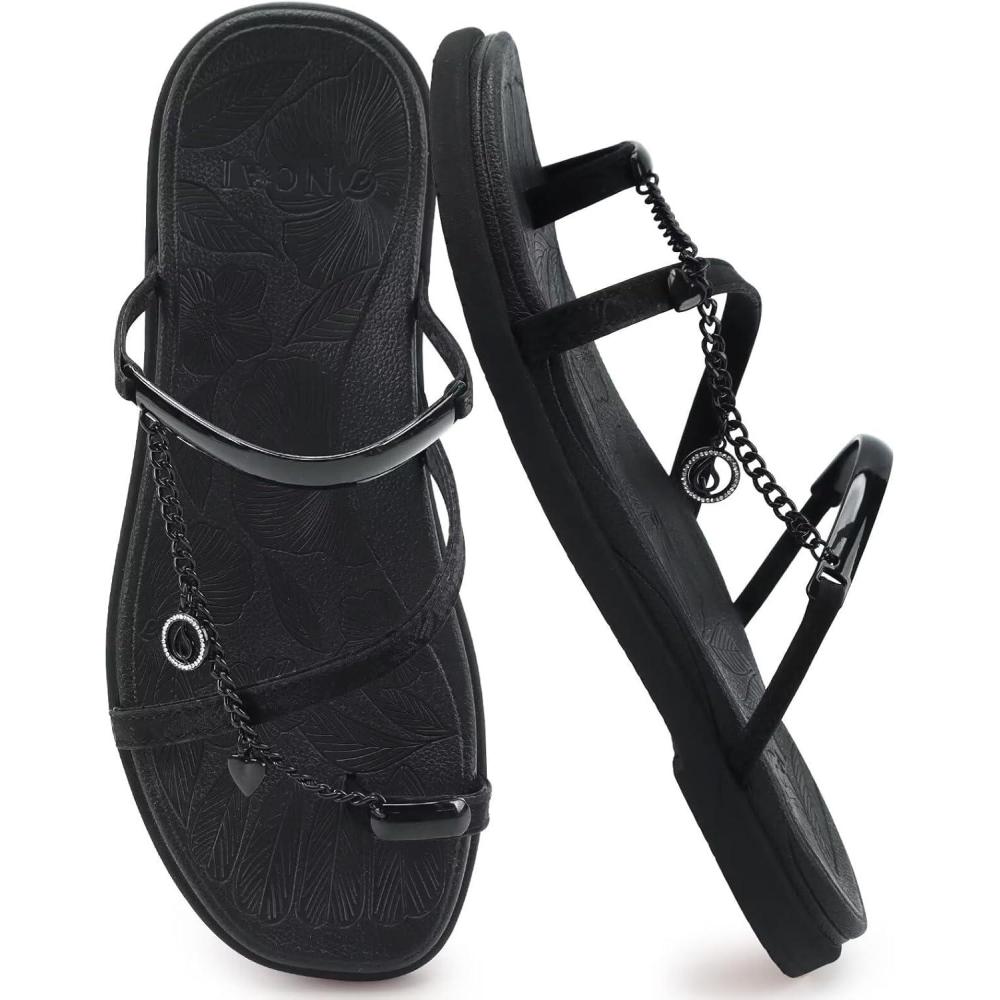image:imageONCAI Womens Flat Slides Sandals Toe loop Strappy Square Open Toe Fashion Essentials Sandal for Woman Summer Vacation Walking Casual Comfortable Outdoor Ladies Slide Shoes US Size 611Black