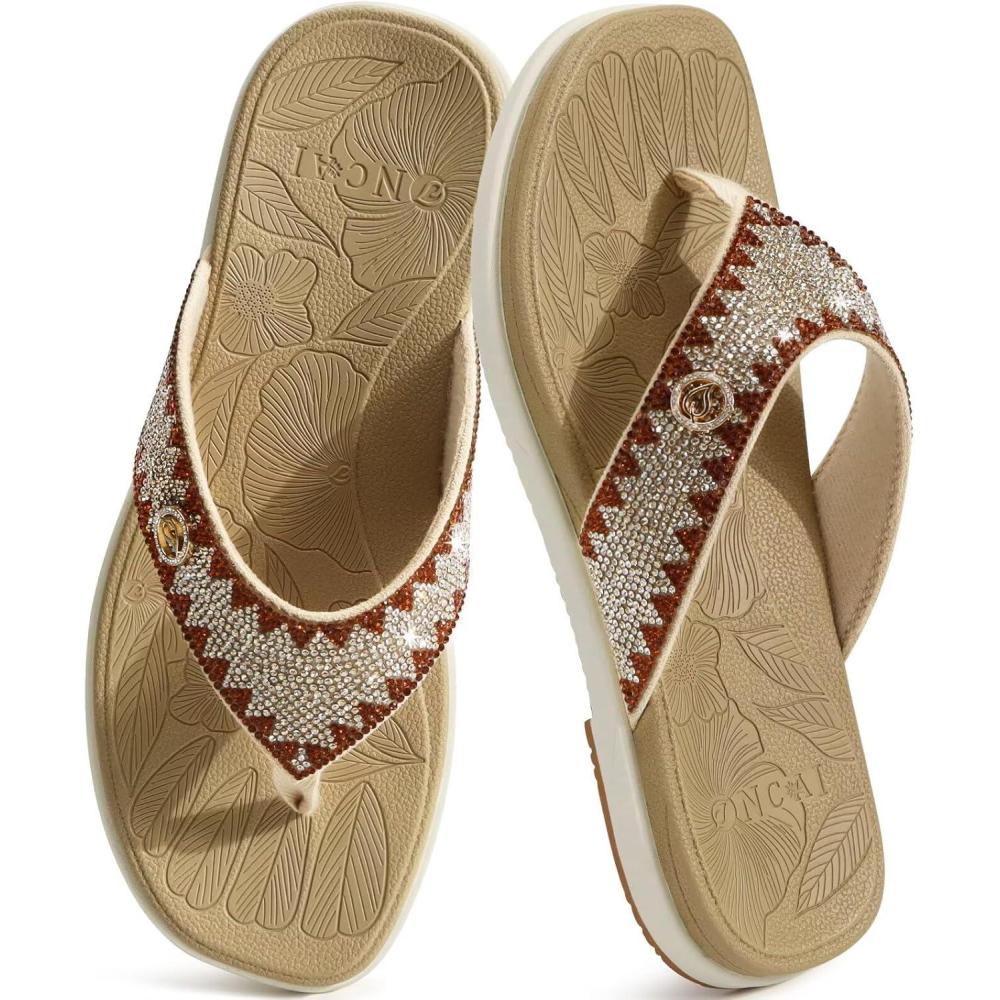 image:imageONCAI Womens Flat Studded Flip Flops with Rhinestone Sparkling Summer Beach Pool Walking Sandals with Outdoor Rubber Sole US Size 612BeigeWhite Sparkling