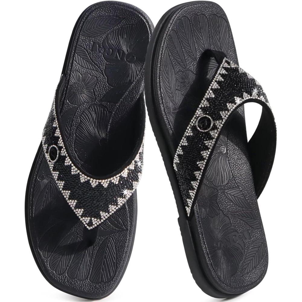 image:imageONCAI Womens Flat Studded Flip Flops with Rhinestone Sparkling Summer Beach Pool Walking Sandals with Outdoor Rubber Sole US Size 612Black Sparkling