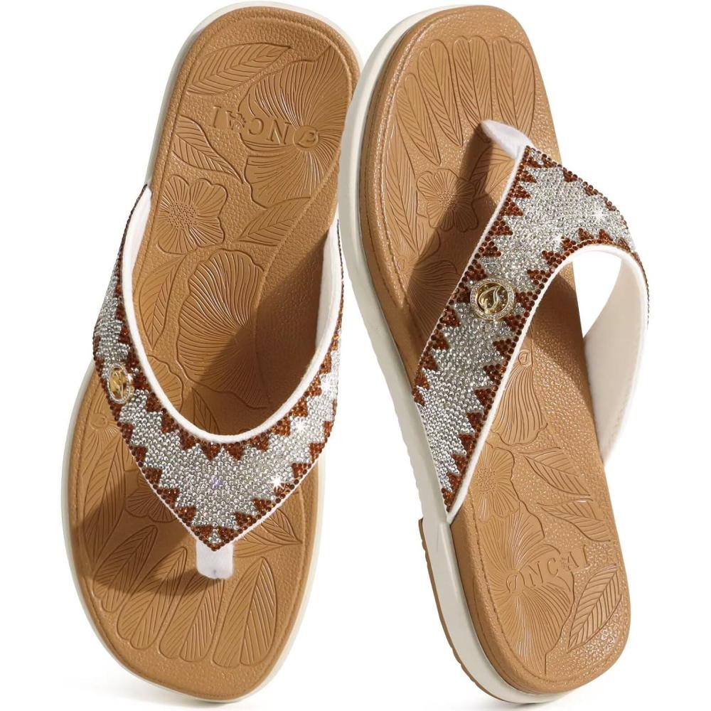 image:imageONCAI Womens Flat Studded Flip Flops with Rhinestone Sparkling Summer Beach Pool Walking Sandals with Outdoor Rubber Sole US Size 612WhiteKhaki Sparkling