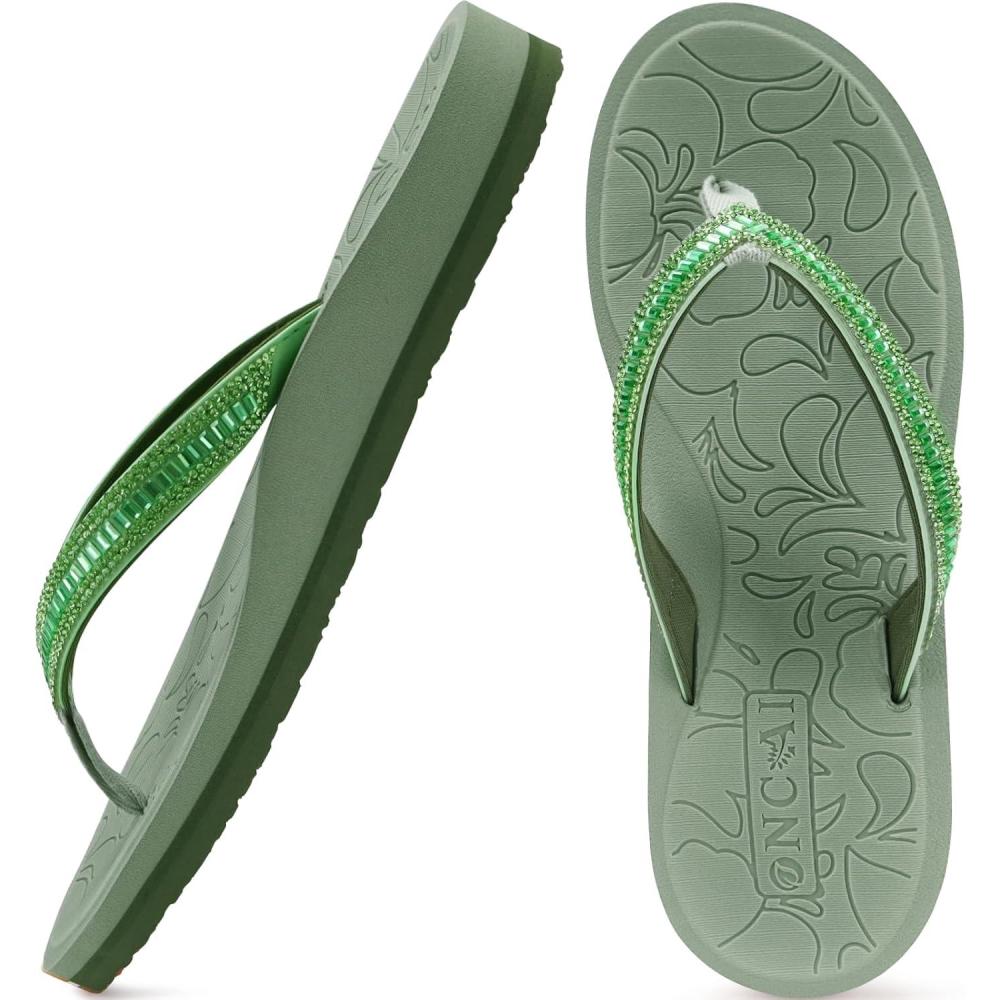 image:imageONCAI Womens Flip Flops with Rhinestone Arch Support Yoga Mat Comfort Walking Summer Beach Thong Sandals with Plantar Fasciitis Rubber Soles US Size 511Green