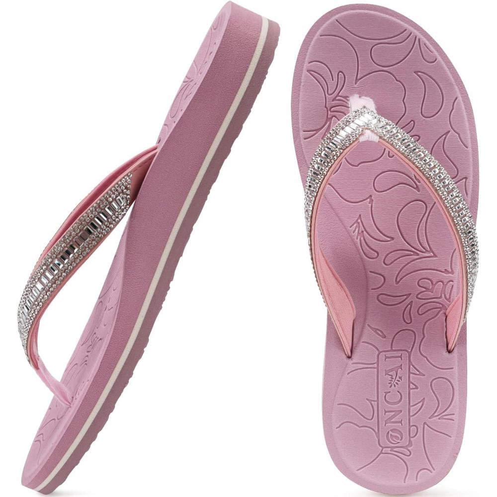 image:imageONCAI Womens Flip Flops with Rhinestone Arch Support Yoga Mat Comfort Walking Summer Beach Thong Sandals with Plantar Fasciitis Rubber Soles US Size 511Light Pink