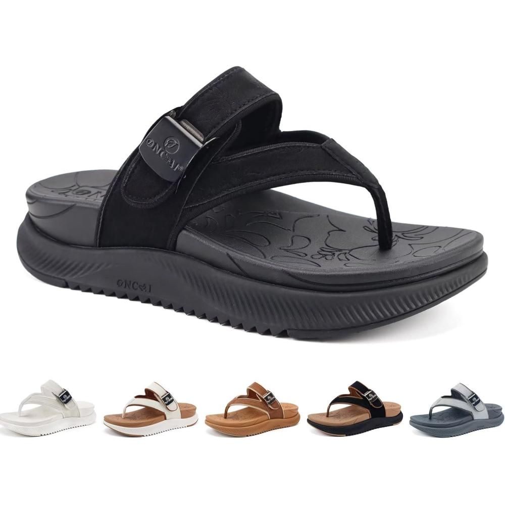 image:imageONCAI Womens Orthopedic Platform Flip Flops with Arch Support Summer Beach Dressy Trendy Walking Sandals and Thick Outdoor Rubber SolesBlack