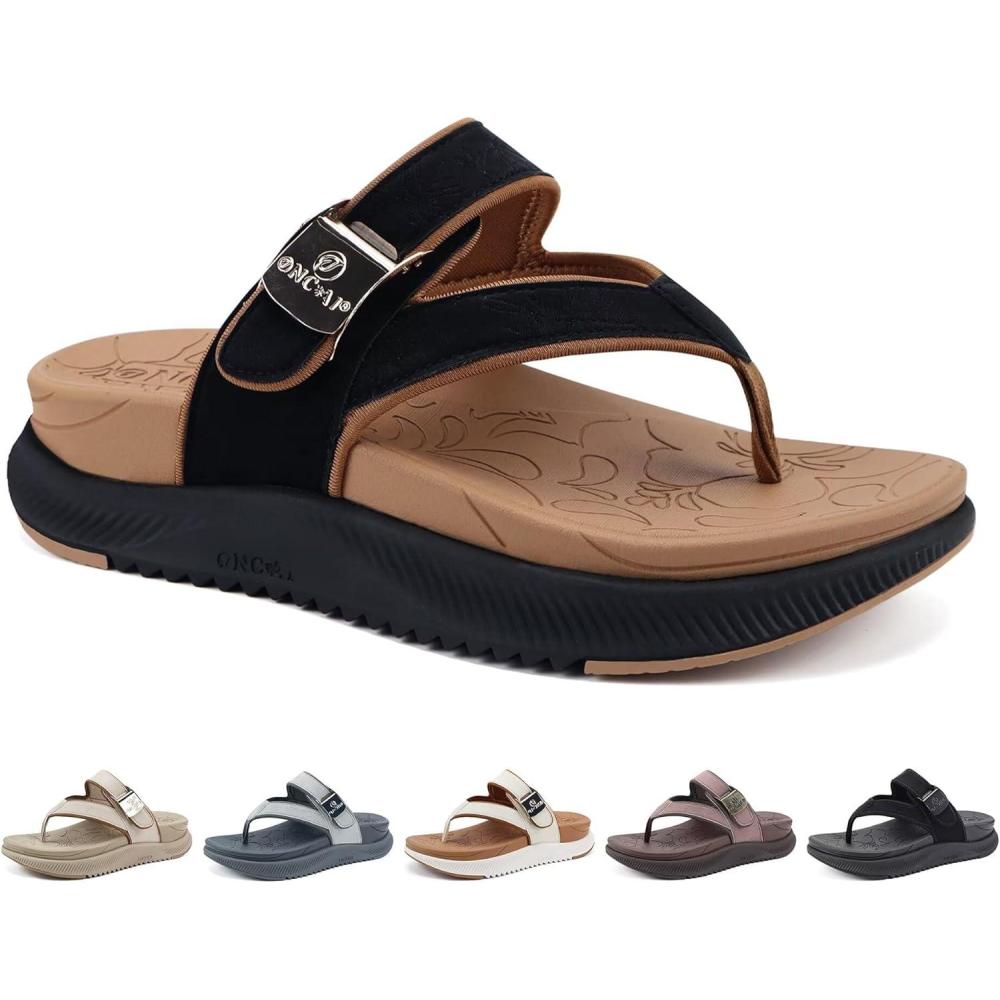 image:imageONCAI Womens Orthopedic Platform Flip Flops with Arch Support Summer Beach Dressy Trendy Walking Sandals and Thick Outdoor Rubber SolesBlackKhaki