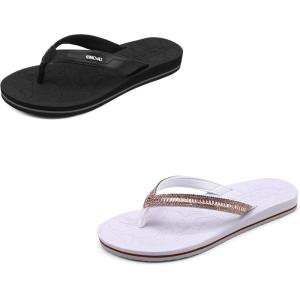 ONCAI Set of 2 Pairs US Size 8,Women’s Flip Flops Arch Support Yoga Mat(Black) and Women’s Flip Flops with Rhinestone (White)