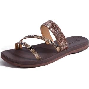 ONCAI Women’s Flat Sandals Summer Dressy Casual Fashion Rhinestone Slip On Ladies Slides Comfortable Cushion Arch Support Plantar Fasciitis Beach For Woman 2025 Brown Size 7.5