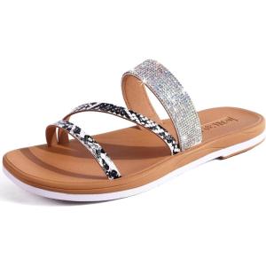 ONCAI Women’s Flat Sandals Summer Dressy Casual Fashion Rhinestone Slip On Ladies Slides Comfortable Cushion Arch Support Plantar Fasciitis Beach For Woman 2025 White/Khaki Size 6