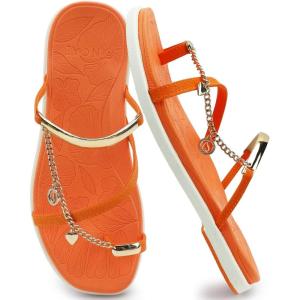 ONCAI Womens Flat Slides Sandals Toe loop Strappy Square Open Toe Fashion Essentials Sandal for Woman Summer Vacation Walking Casual Comfortable Outdoor Ladies Slide Shoes US Size 6-11(Orange/White)