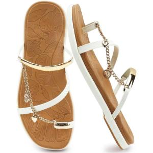 ONCAI Womens Flat Slides Sandals Toe loop Strappy Square Open Toe Fashion Essentials Sandal for Woman Summer Vacation Walking Casual Comfortable Outdoor Ladies Slide Shoes US Size 6-11(White/Khaki)