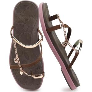 ONCAI Womens Flat Slides Sandals Toe loop Strappy Square Open Toe Fashion Essentials Sandal for Woman Summer Vacation Walking Casual Comfortable Outdoor Ladies Slide Shoes US Size 6-11(Brown/Pink)