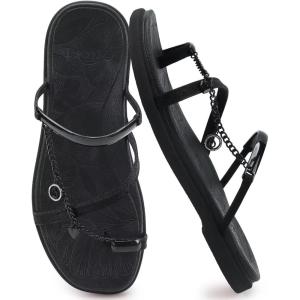 ONCAI Womens Flat Slides Sandals Toe loop Strappy Square Open Toe Fashion Essentials Sandal for Woman Summer Vacation Walking Casual Comfortable Outdoor Ladies Slide Shoes US Size 6-11(Black)