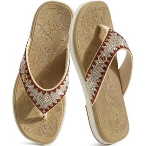 ONCAI Women’s Flat Studded Flip Flops with Rhinestone Sparkling Summer Beach Pool Walking Sandals with Outdoor Rubber Sole US Size 6-12(Beige/White Sparkling)