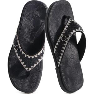 ONCAI Women’s Flat Studded Flip Flops with Rhinestone Sparkling Summer Beach Pool Walking Sandals with Outdoor Rubber Sole US Size 6-12(Black Sparkling)