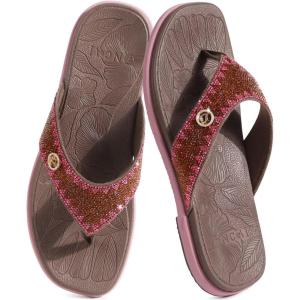 ONCAI Women’s Flat Studded Flip Flops with Rhinestone Sparkling Summer Beach Pool Walking Sandals with Outdoor Rubber Sole US Size 6-12(Brown/Pink Sparkling)