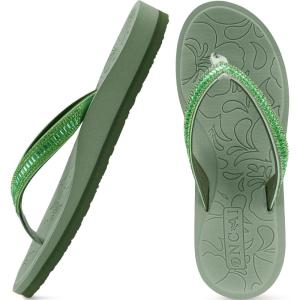 ONCAI Women’s Flip Flops with Rhinestone, Arch Support Yoga Mat Comfort Walking Summer Beach Thong Sandals with Plantar Fasciitis Rubber Soles US Size 5-11(Green)