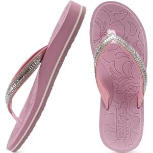 ONCAI Women’s Flip Flops with Rhinestone, Arch Support Yoga Mat Comfort Walking Summer Beach Thong Sandals with Plantar Fasciitis Rubber Soles US Size 5-11(Light Pink)