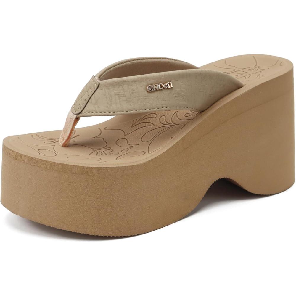 image:imageONCAI Womens Platform Wedge Flip Flops Thong Chunky Heels Sandals for Woman 2026 Slip On Foam Sole Shoes US Size 511Vine Beige