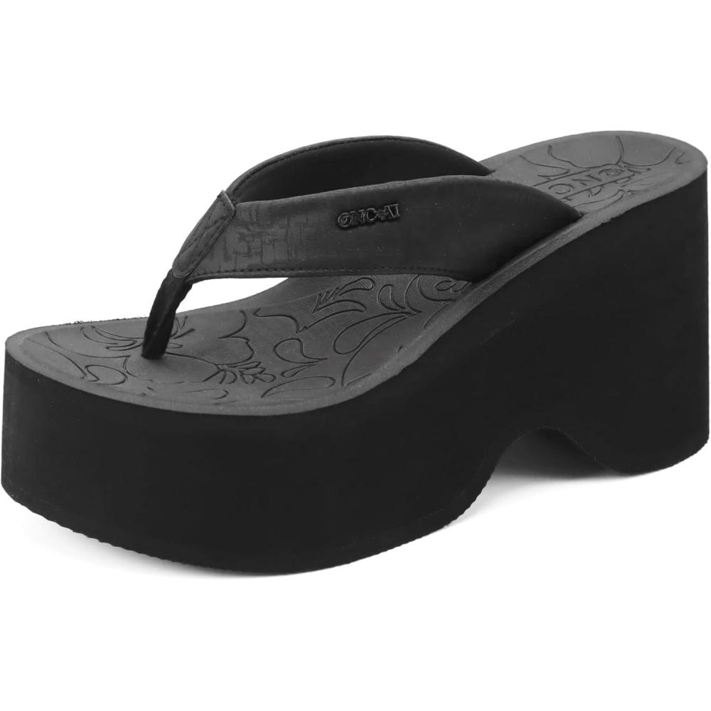 image:imageONCAI Womens Platform Wedge Flip Flops Thong Chunky Heels Sandals for Woman 2026 Slip On Foam Sole Shoes US Size 511Vine Black